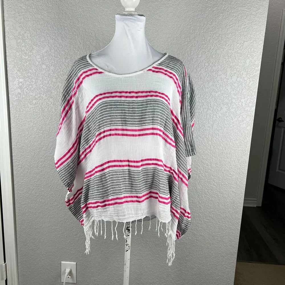 Fresh Produce Size L Gauze Fringed Poncho Blouse Cover Up Striped